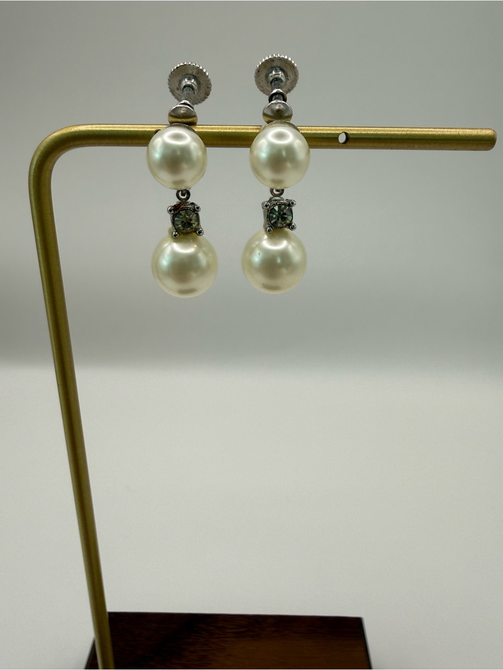 Vintage Faux Pearl Drop Earrings with Rhinestone Accent, Screwback